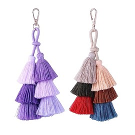 KONMAY 2pcs Pompom Boho Tassel Keychain for Bag and Backpack Accessories, Double Tri-Layered Tassels with Clip Clasp for Car Decoration, Curtains and Home Décor