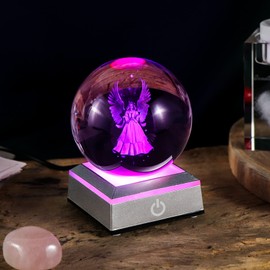 Ornalrist 3.15" Crystal Ball Engraved 3D Cat with Butterfly Figurine Collectible Paperweight with LED Base, Glass Sphere Cat Lover Gifts for Women Men Home Decor