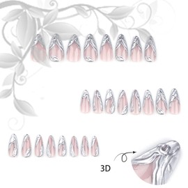24Pcs 3D French Tips Press on Nails for Manicure Art with Curve Line Design, Glossy Silver Acrylic False Nails Gel Glue on Nails 3D Medium Almond Full Cover Fake Nails Stick on Nails for Women Girls