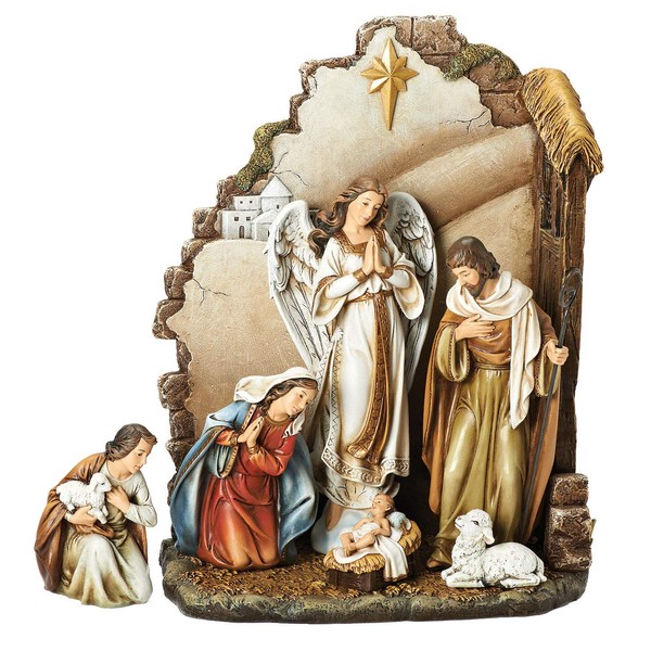 Joseph's Studio by Roman - 7-Piece Nativity Set with Back Wall, Includes Holy Family, Angel, Shepherd and Sheep, 12.25" H, Resin and Stone, Decorative Figures