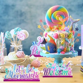 3 Pieces Mermaid Table Centerpieces Under The Sea Wooden Table Ornaments Mermaid Birthday Party Decors Sea Animal Table Toppers for Coastal Beach Ocean Theme Baby Shower Wedding Tiered Tray