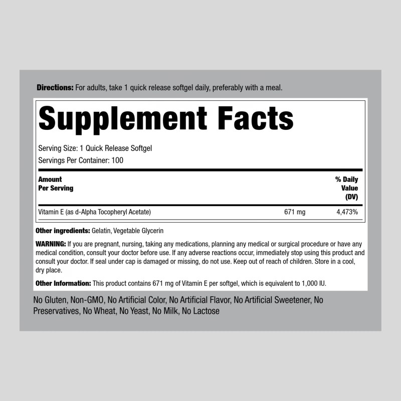 Vitamin E 1000 IU Softgels | 120 Count | With