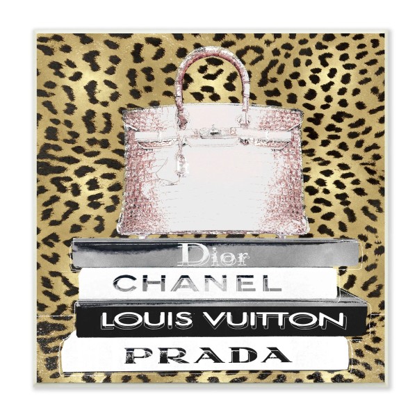 Stupell Glam Handbag Fashion Book Stack Cheetah Pattern Wood White