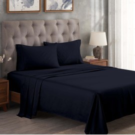Superior Egyptian Cotton 300 Thread Count Bed Sheet Set, 1 Elastic Deep Pocket Fitted Sheet, 1 Flat Sheet, 2 Pillowcases, Daily Soft Sheets, Luxury, Plush, Home Essentials, Queen, Navy Blue