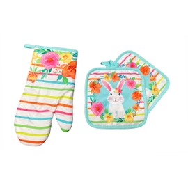 Spring Easter Bunny Floral Oven Mitts and Pot Holders Set, 2pcs Potholders & 1 Oven Mitten (Bunny Stripe)
