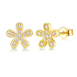 Gold Stud Earrings for Women Girls, Sterling Silver Flower Stud Earrings - Small Stud Earrings with Cubic Zirconia, Hypoallergenic Cartilage Sleeper Earrings Jewellery Gifts for Birthday Christmas