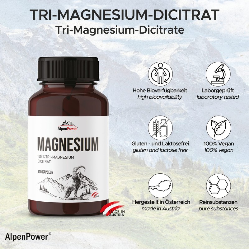 AlpenPower Magnesium 120 Capsules - Tri-Magnesium Dicitrate - Vegan -