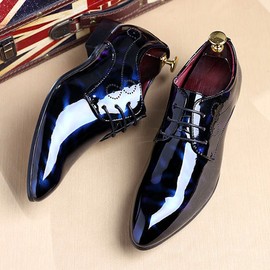 Men Fashion Dress Business Shoe Pointed Toe Floral Patent Leather Lace Up Oxford Black Brown Red Grey, Blue, 8