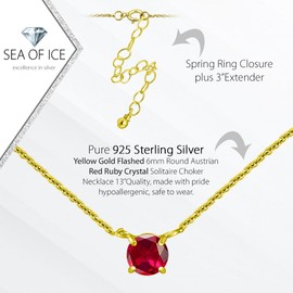 SEA OF ICE Round Crystals Solitaire Choker necklace – 6mm Round Crytals Solitaire for Women – 13" Plus 3" Extender – 925 Sterling Silver Jewelry Chain (Red Ruby Crystal, Yellow Gold Flashed Silver)