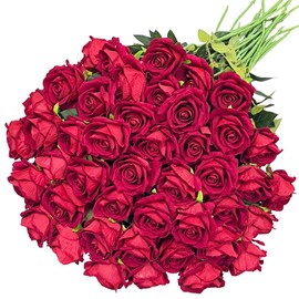 Jasion 50PCS Artificial Roses 4.14'' Realistic Velvet Silk Flowers Long Stem Faux Flowers Bouquet for Wedding Home Party Table Centerpieces Decorations (Red)