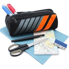 Fashion Stationery Pencil Case for Boys Black 2 Zip Compartment Orange Stripes Girls Teenagers Kids Sporty Back to Secondary High School Pencil Cases