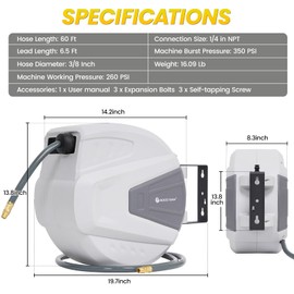 G GOOD GAIN Air Hose Reel Retractable 3/8 in x 65 ft Hybrid Polymer Hose, Air Compressor Hose Reel Retractable Auto-Rewind Enclosed 180° Swivel Mount, Max 300PSI Commerical Polypropylene Grey