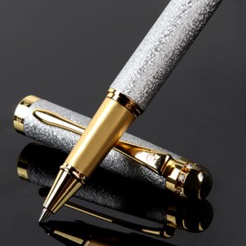 BOCIYER Rollerball Pen with Liquid Ink, Best Ballpoint Pen Gift Set for Men and Women, Black Ink Fancy Pen Refillable for Pretty Pens, Cool Pens, Cute Pens (Silver)