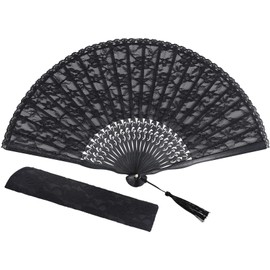 choyaxo Lace Handheld Chinese Folding Fan Bamboo Silk Folding Fan for Women Wedding Decoration Dancing Party, Black