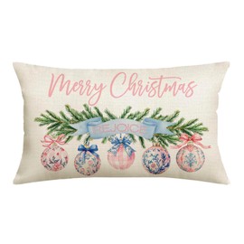 Pink Christmas Throw Pillow Covers 12 x 20 Inch Xmas Trees Balls Winter Holiday Decorative Pillow Cases for Couch Sofa Bed Home Decor