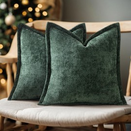 Woaboy Pack of 2 Green Christmas Decorative Pillow Covers 18x18 Inch Soft Chenille Cross Pattern Throw Pillows with Broad Edge Farmhouse Cushion Covers for Home Decor Sofa Bedroom Living Room