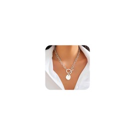 Hip-Hop Portrait Pendant Necklace - Trendy OT Buckle Chain Choker with Alloy Pendant for Women, Stylish Layered Necklace Gold Coin Sun Pendant Necklace Cuban Link Necklace OT Buckle Necklace（Silver）