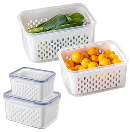 Loyanger - 2 recipientes de almacenamiento de frutas para nevera, con coladores extraíbles y tapa, recipientes de almacenamiento de alimentos, tazón de lavado de frutas para ensaladas, verduras, carne
