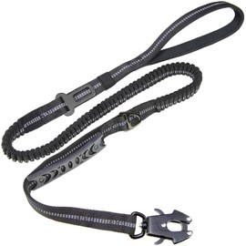 AinuScinsYoe Heavy Duty Dog Leash - Tactical High Bungee Reflective Leash for Medium and Large Dogs, 4-6 Ft, with Frog Clip, 2 Handles, and Seatbelt Clip, Black