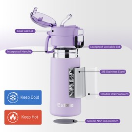 Exllena Small Insulated Water Bottle 400ml with Pop-Open Soft Straw & Spout 2-in-1 Lid, Kids Insulated Water Bottle Leak Proof for Cold&Hot Drinks, BPA-Free, Ideal for School, Handbag, Sport(Lavender)