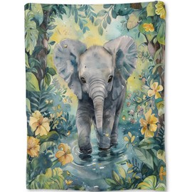 ainori Elephant Blanket - Jungle Watercolor Floral Fleece Throw,Gifts for Kids Adult Women, Soft & Warm,Lightweight, for Modern Cute Decor, Animal Lovers, and Room Home Accents 50x60in