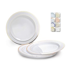 " OCCASIONS" 40 Plates Pack, Heavyweight Disposable Wedding Party Plastic Plates (10.5'' Dinner Plate, White & Gold Rim)