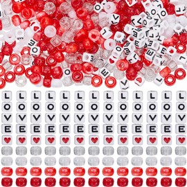 SOFPLATE 800Pcs Valentine's Day bead Kit Red Pony Beads 6x9mm Barrel Plastic Beads Acrylic Love letters Bracelet Kit for Jewelry Making Kits Supplies DIY Bracelets Craft Father's