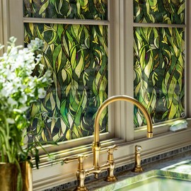 Flortlias Stained Glass Window Film Green Decorative Window Clings for Door Glass Home Office Living Room Decor, Summer Green Leaves 15.75" x 78.74"