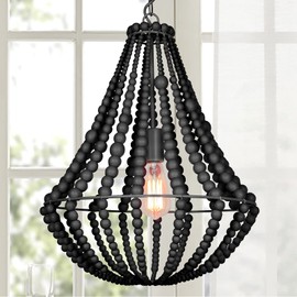ANKARL Boho Light Fixtures, Wood Beaded Chandelier, Farmhouse Pendant Light, 1-Light, Black Ceiling Hanging Light for Bedroom, Living Room, Dining Room, Kitchen, Hallway, 16.5"