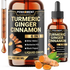 Penhoment 6in1 Liquid Turmeric Curcumin with Ginger, Berberine Extract, Ceylon Cinnamon, Bitter Melon, Black Pepper - Drops Extract - 2FL oz - 60 Servings
