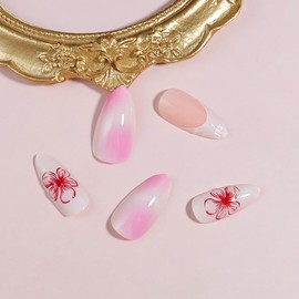 3D Curve Line French Tip Press on Nails Medium Almond Fake Nails Full Cover Cherry Blossoms Nails Gradient Design Cute Glue Nude Pink Artificial False Nails Flower Acrylic Nails for Women Girls