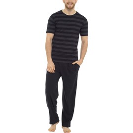 Tom Franks Mens Stripe Cotton Jersey Long Pyjamas Grey & Black Medium