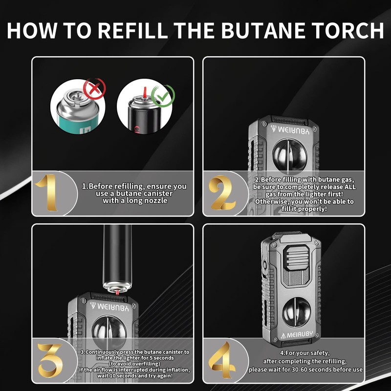 MEIRUBY 5-in-1 Butane Torch Lighter, Refillable Jet Flame Cigar Lighter