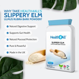 Health4All Slippery Elm 300mg 180 Capsules, Digestive Health & Acid Reflux Support. Vegan Digestive Support Supplement, Ulmus Rubra Inner Bark Powder, Stomach Soothe, Gluten Free | Made in UK