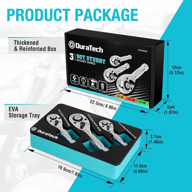 DURATECH 3PCS Stubby Ratchet Wrench Set, 90-Tooth 1/4" 3/8" 1/2"