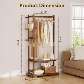 Solid Wood Clothes Rack with 2 Shelves & 4 Hooks for Hanging Clothes Garment Wallets Hats, Clothing Rack Heavy Duty Coat Rack Freestanding with Storage Hall Tree for Hallway Bedroom Living Room