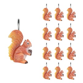 Sunlit Squirrel Decorative Shower Curtain Hooks for Fall Autumn, Cute Animals Shower Curtain Rings, Resin, Orange Bathroom Curtain Hangers Decoration, Set of 12