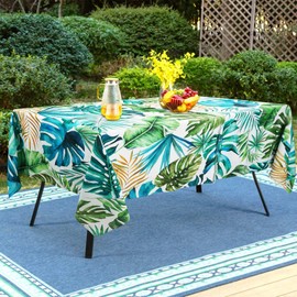 bnhjsdw Tropical Leaves Outdoor Tablecloth with Umbrella Hole for Rectangle Table, Waterproof Green Leaf Patio Table Cloth with Zipper - 60 x 84 inches