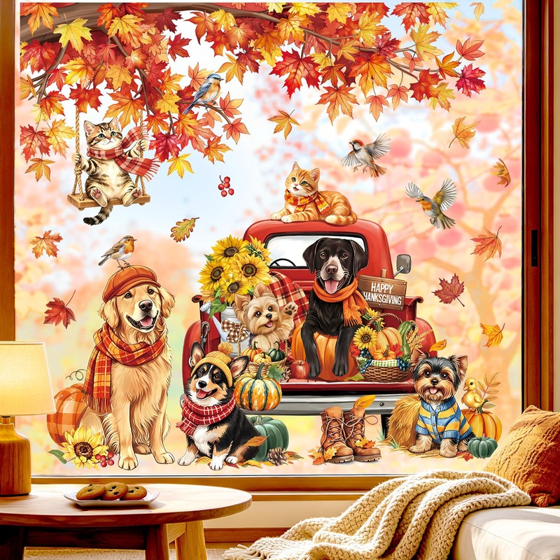 decalmile Window Clings Fall Dog Cat Maple Leaves Reusable Windows