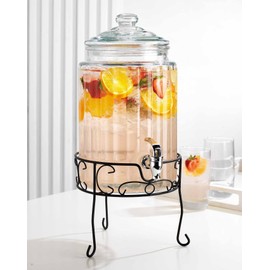 Classic Glass Ice Cold Beverage Drink Dispenser With Glass Lid and Antique Metal Stand, 100% Leak Proof Spigot- Wide Mouth Water Drink Dispenser For Outdoor, Parties & Daily Use-1.5-gallon