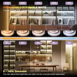 MIWISE CCT COB LED Strip Light Tunable White,20ft/6.1m Dimmable 2700K-6500K CRI90+ 24V LED Tape Light,for Under Cabinet Bedroom Kitchen DIY Lighting(Power Supply & Controller NOT Included)