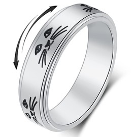 OreilleStar Anxiety Ring for Women Spinner Ring Fidget Toys Adults Titanium Stainless Steel Fidget Ring Men Women 6mm With Cat Face Spinning Size 6