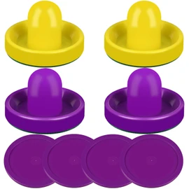 ONE250 Air Hockey Pushers and Purple Air Hockey Pucks, Goal Handles Paddles Replacement Accessories for Game Tables (4 Striker, 4 Puck Pack) (Purple & Yellow)