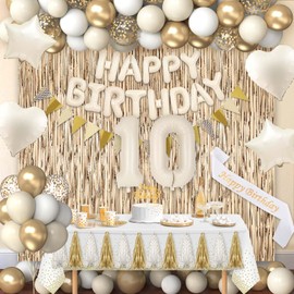 21st Birthday Decorations for Women Girls, Happy 21st Birthday Decorations for Her White and Gold Balloons White Sand Foil Balloons Happy Birthday Banner Fringe Curtain Boho Birthday Party Supplies