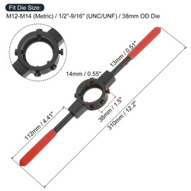 sourcing map Die Stock Handle Wrench, for Metric M12-M14 (Metric) / 1/2"-9/16" (UNC/UNF) / 38mm OD Round Dies, 38mm x 14mm Threading Die Holder with Plastic Handle