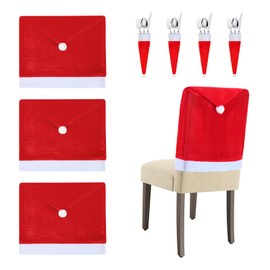 BROADREAM 4pcs Christmas Chair Covers - Santa Claus Hat Chair Slipcover Set of 4 - Xmas Chair Back Covers with 4pcs Silverware Holders Dinner Table for Christmas Holiday Festival Party Decorations