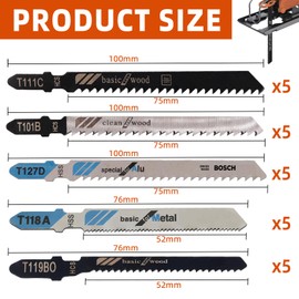 25PCS Jigsaw Blades Set for Wood and Metal Cutting, Compatible with Bosch Dewalt Milwaukee Jigsaws, Includes T111C, T118A, T119BO, T127D, T101B