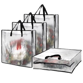 TOLIDA 4 Packs Square Wreath Storage Bags with Black Handles - Translucent Moving Bags for Christmas Wreath Garlands, Home Zipper Storage Carry Bags for Quilts, Pillows, Duvets, clothes, etc.