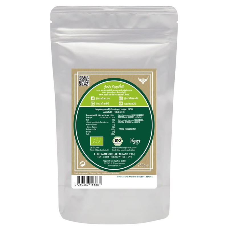 Organic psyllium husks (Indian) whole, 99% purity, 500 g