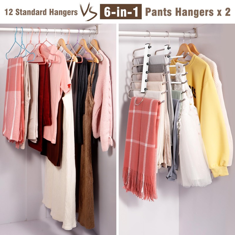 HUITEM Space Saving 6 Tier Pant Hangers, Anti-Slip, Lightweight, Stainless